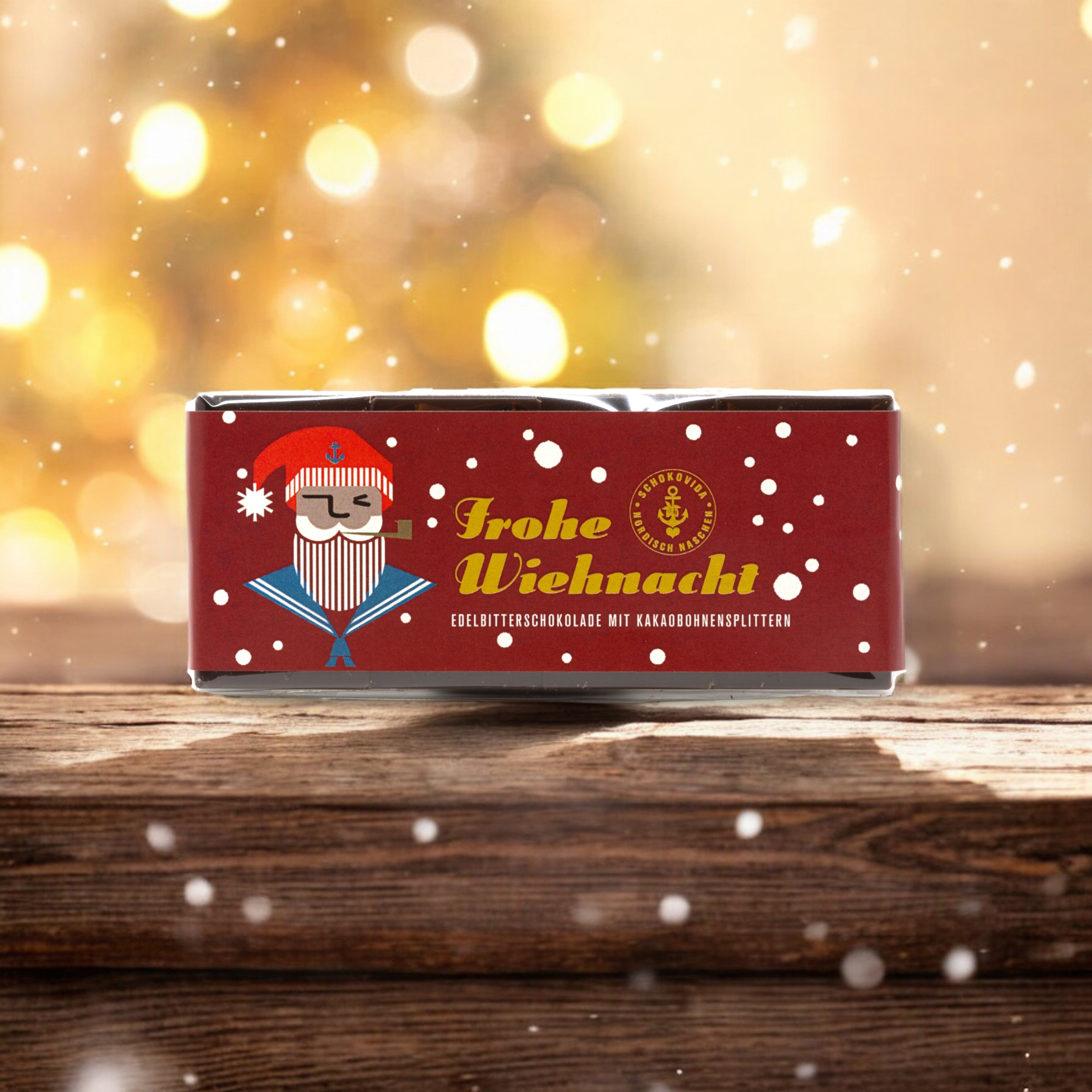 Frohe Wiehnacht Weihnachtsmann – Edelbitterschokolade mit Kakaobohnensplittern, 50g