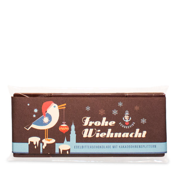 Weihnachts-Möwe – Edelbitterschokolade mit Kakaobohnensplittern